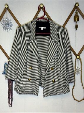 CAbi Navy & White Striped Double-Breasted Blazer